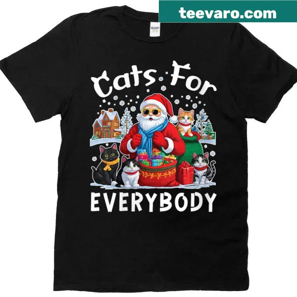 Whimsical cat illustration with 'Cat For Everybody' text on a women's t-shirt