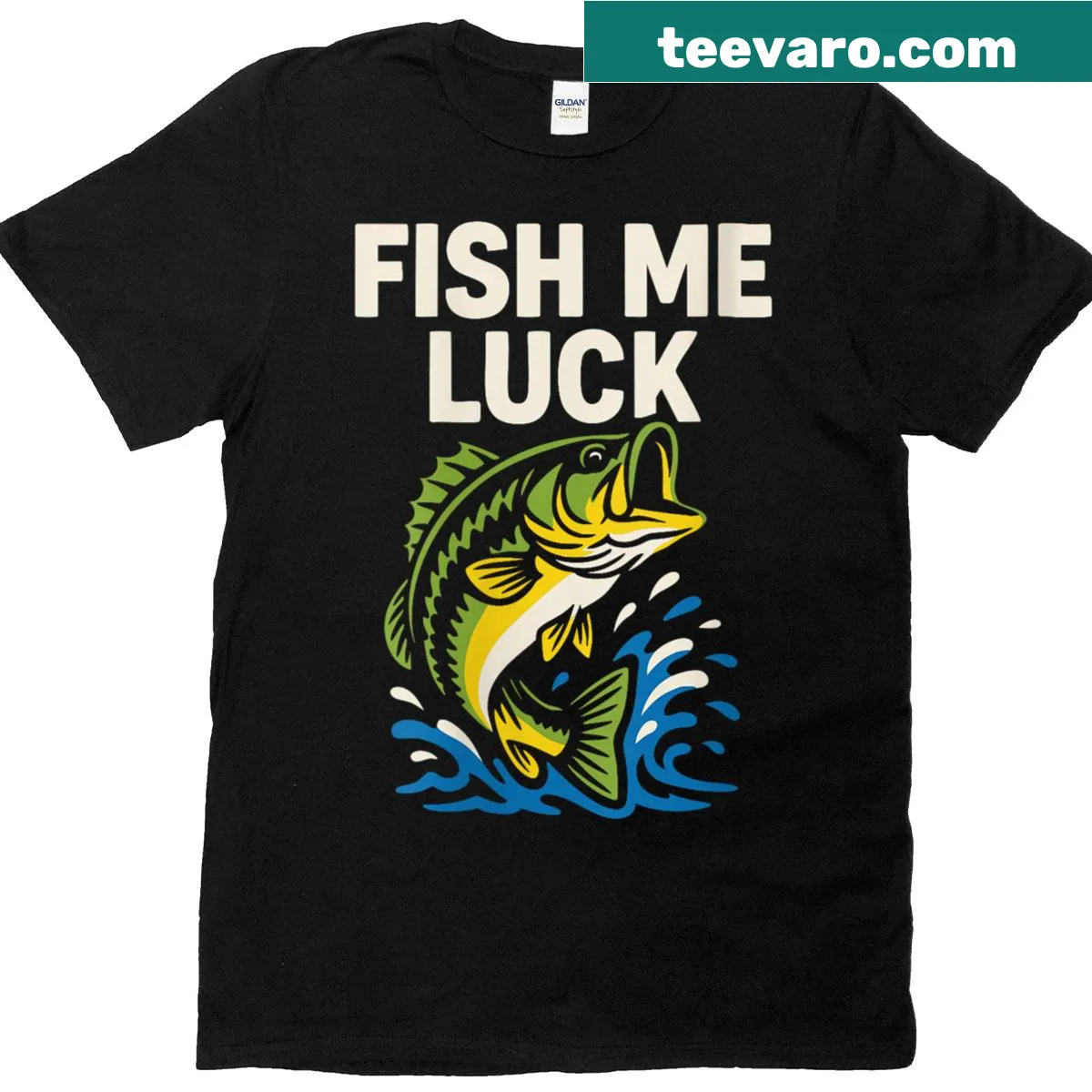 Humorous fishing shirt with 'Fish Me Luck' text — on a men's t-shirt