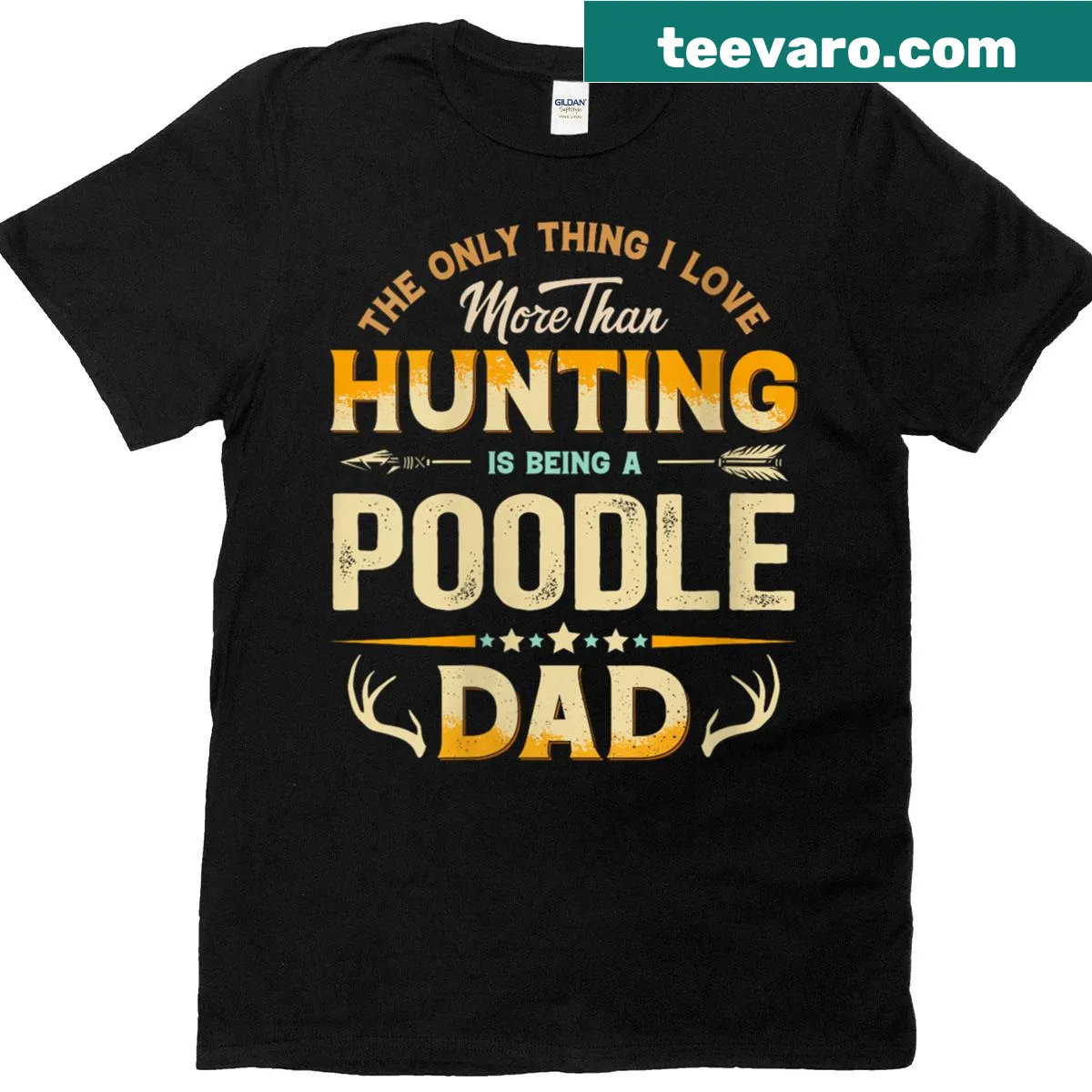 Funny dog lover T-shirt featuring a poodle and hunting theme — on a men's t-shirt