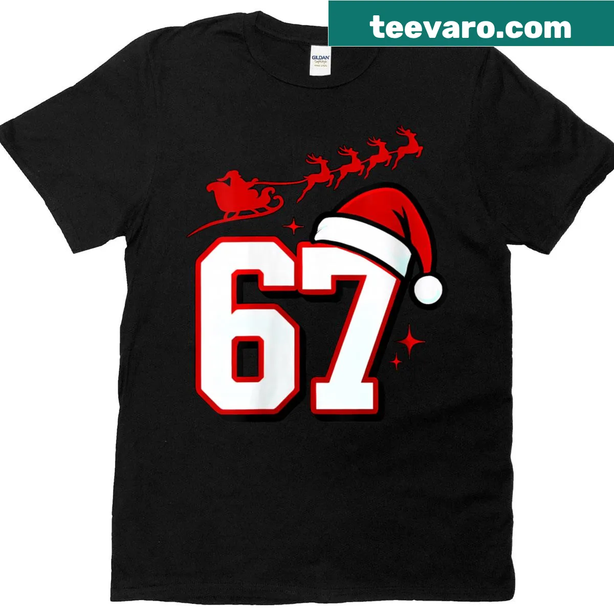 Playful Christmas T-shirt featuring elves and Six Seven 67 meme — on a men's t-shirt