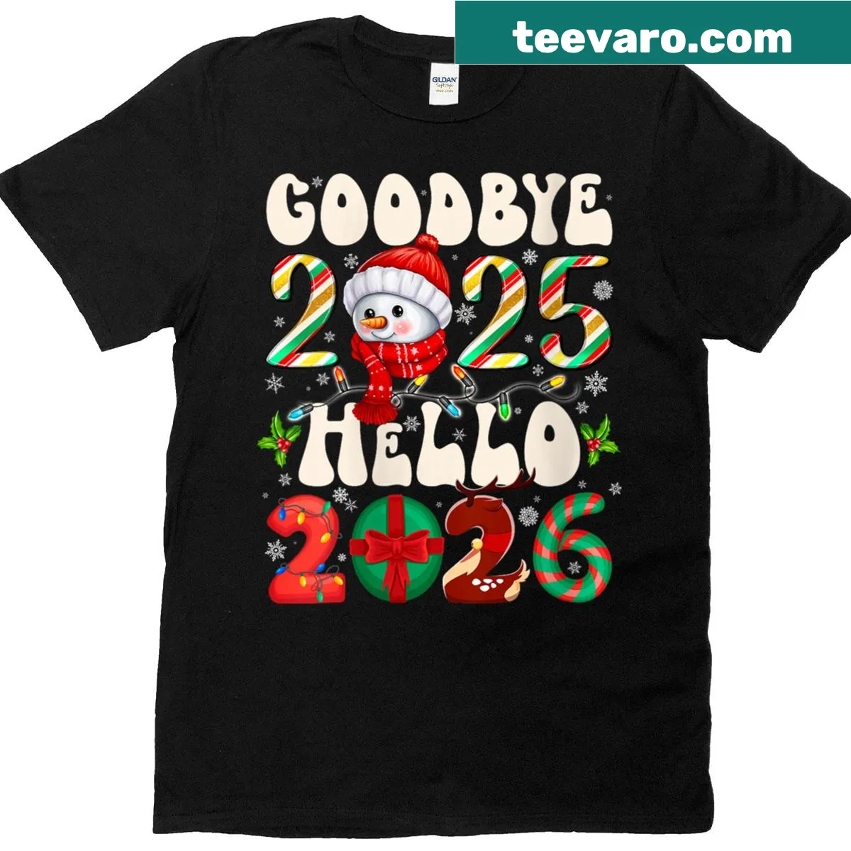 New Year themed t-shirt featuring Goodbye 2025 Hello 2026 text — on a men's t-shirt