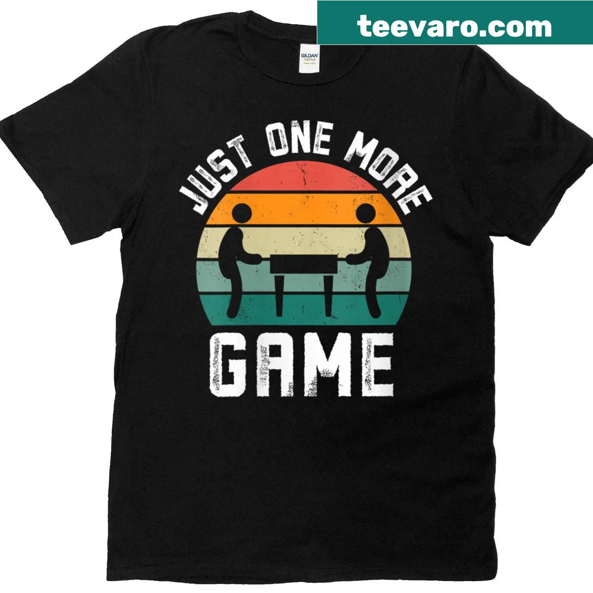 Funny foosball t-shirt with retro 'Just One More Game' text — on a men's t-shirt