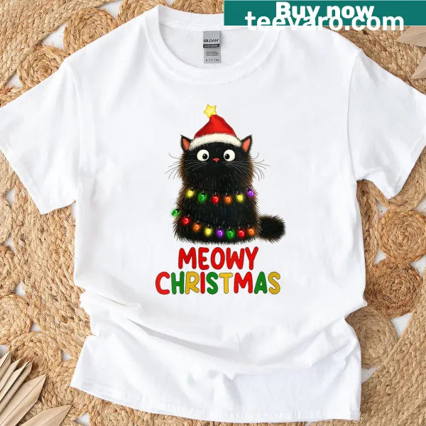 Whimsical black cat surrounded by Christmas tree lights on a T-shirt