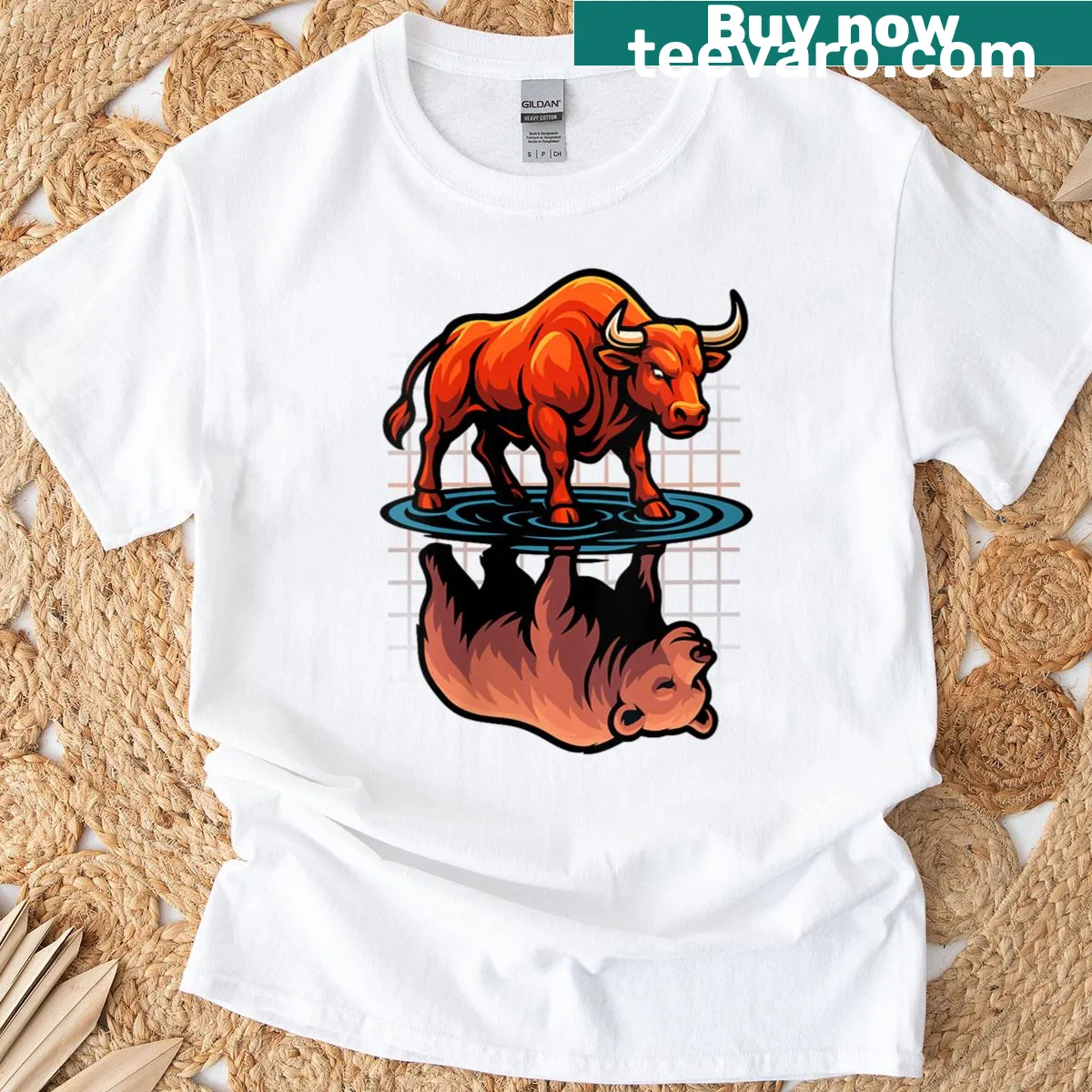 T-shirt featuring stock market bull and bear graphic — on a men's t-shirt
