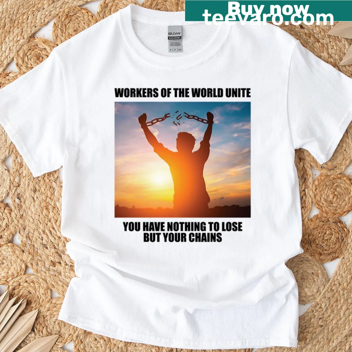T-shirt featuring 'Workers of the World Unite' and Karl Marx in bold typography — on a men's t-shirt
