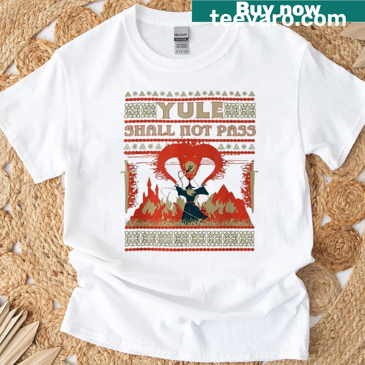 Playful T-shirt with 'Yule Shall Not Pass' text for fantasy fans — on a men's t-shirt