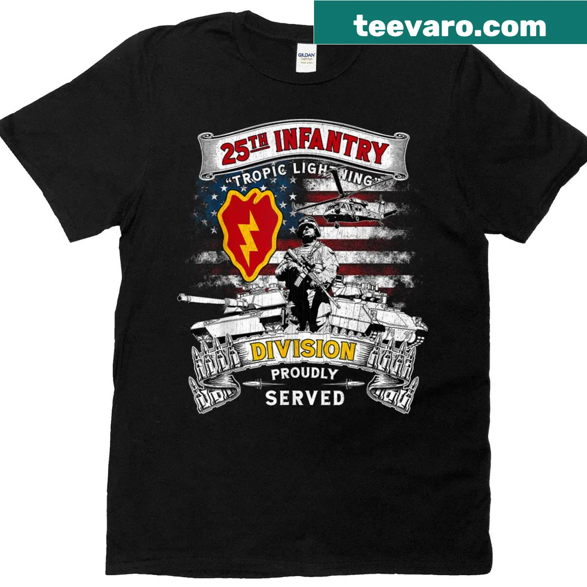 T-shirt featuring the 25th Infantry Division Tropic Lightning emblem — on a men's t-shirt
