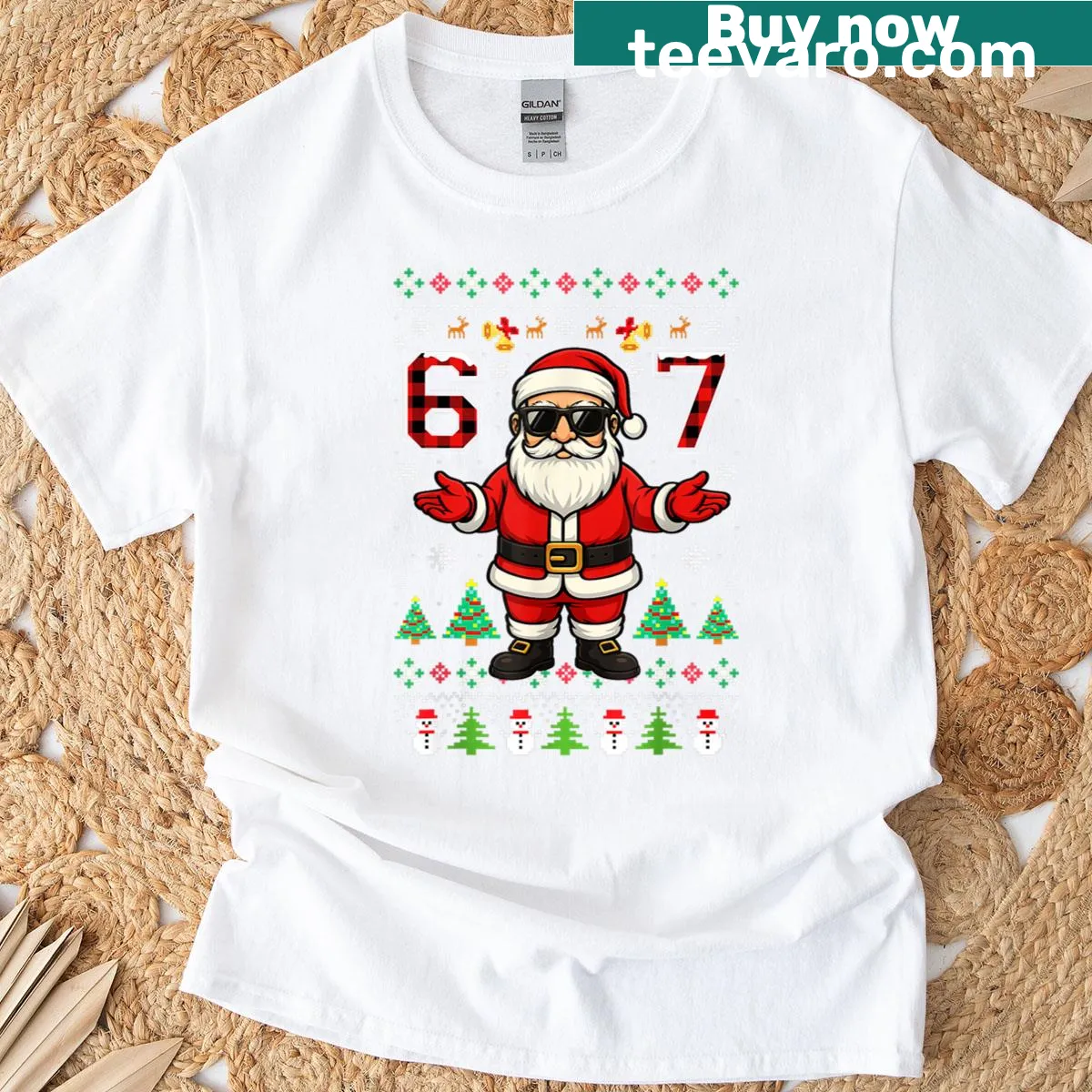 Funny Christmas t-shirt with '67 Santa' meme graphic — on a men's t-shirt