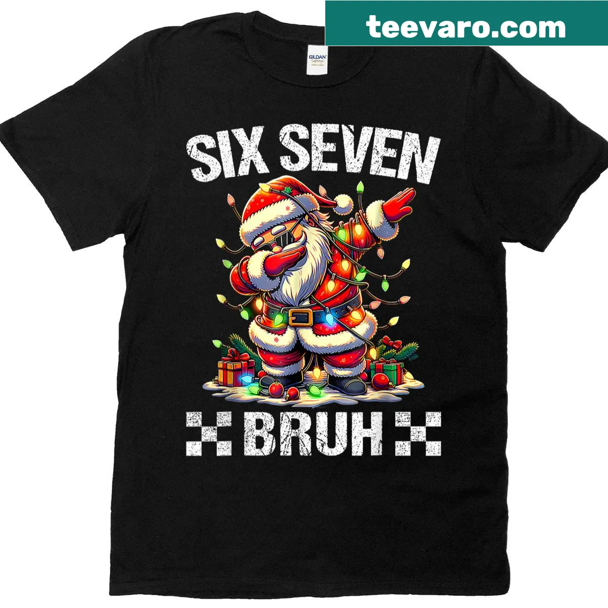 Funny '6 7' meme design on a Christmas T-shirt — on a men's t-shirt