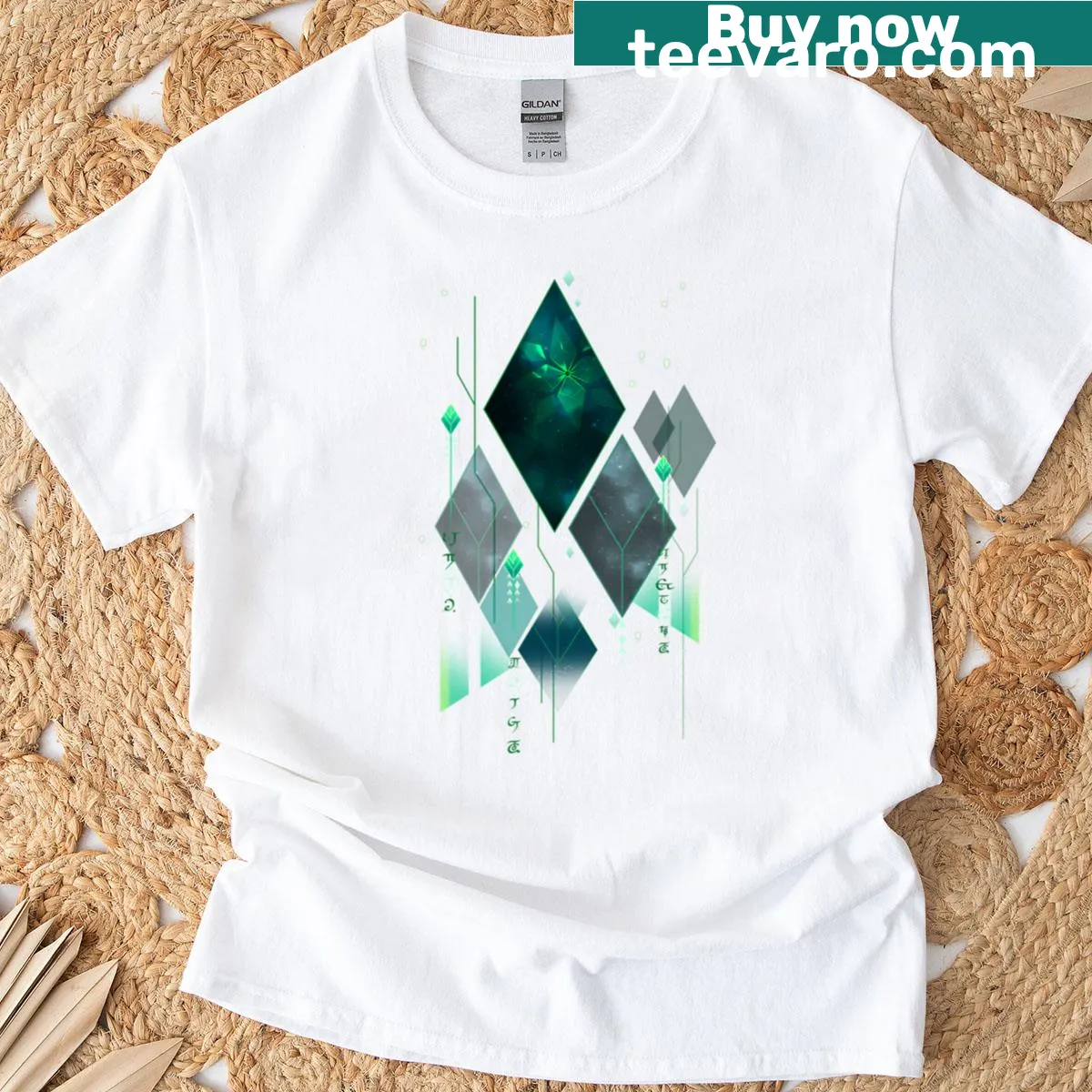 Stylized Alhaitham graphic from Genshin Impact on a t-shirt. — on a men's t-shirt