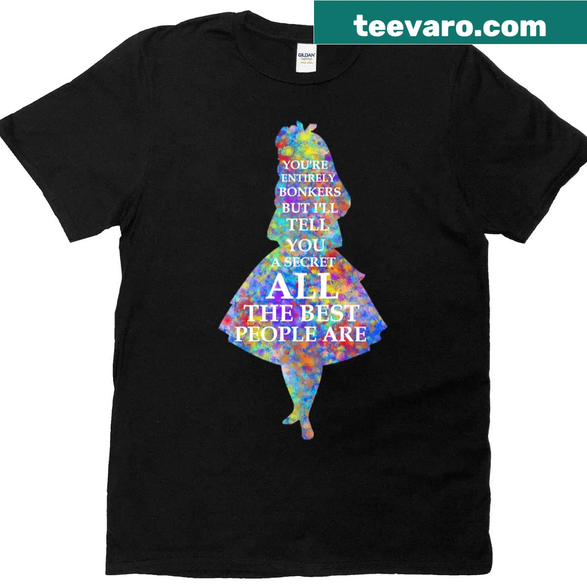 Quote from Alice in Wonderland on a whimsical T-shirt — on a men's t-shirt