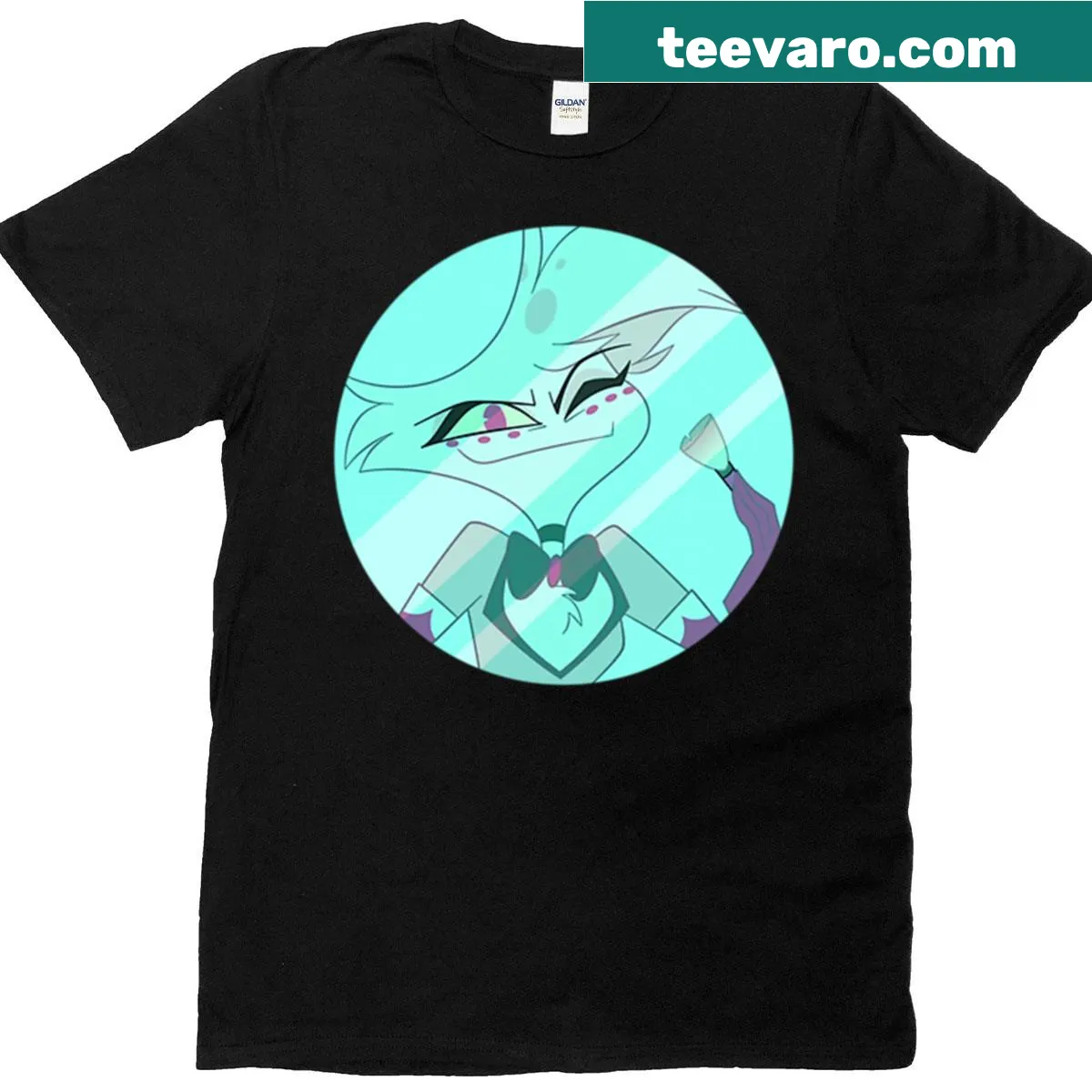 Illustrated t-shirt featuring Angel Dust from Hazbin Hotel — on a men's t-shirt
