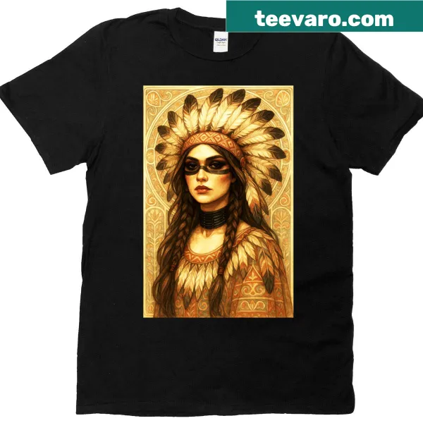 Art Nouveau portrait of a woman with floral designs on a T-shirt