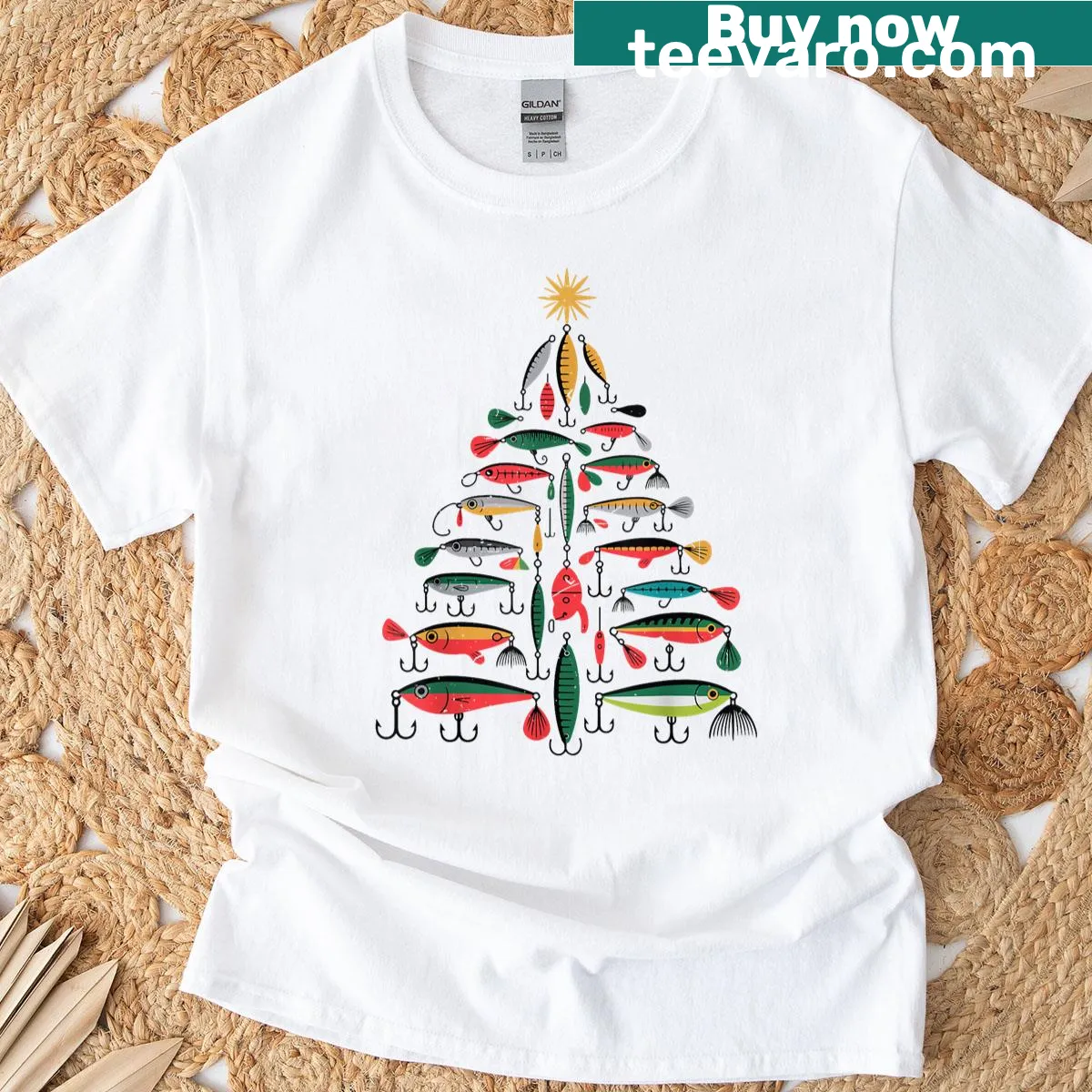 Christmas-themed T-shirt with bass lure fishing design — on a men's t-shirt