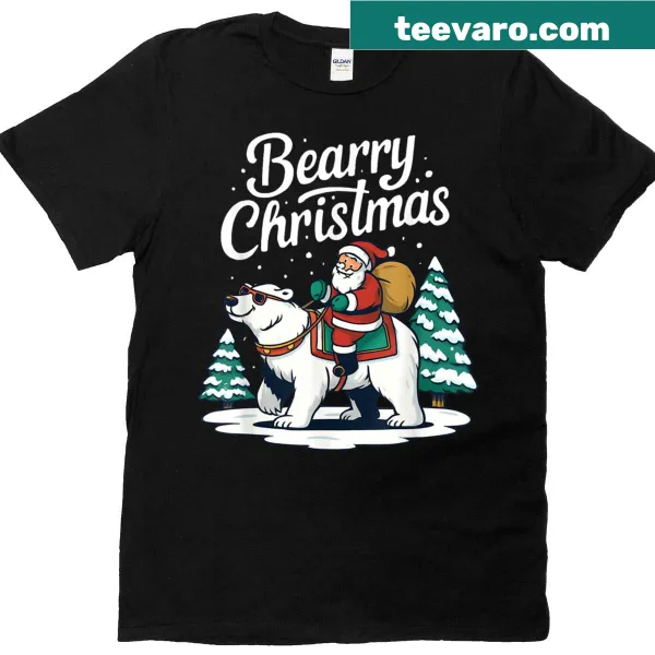 Whimsical Christmas t-shirt with Santa riding a bear