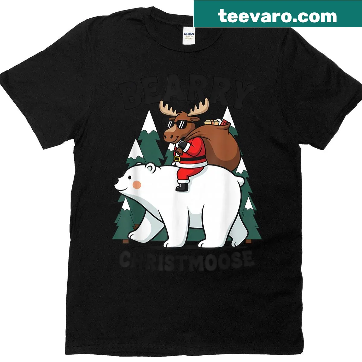 Funny Christmas T-shirt with moose and polar bear graphics — on a men's t-shirt