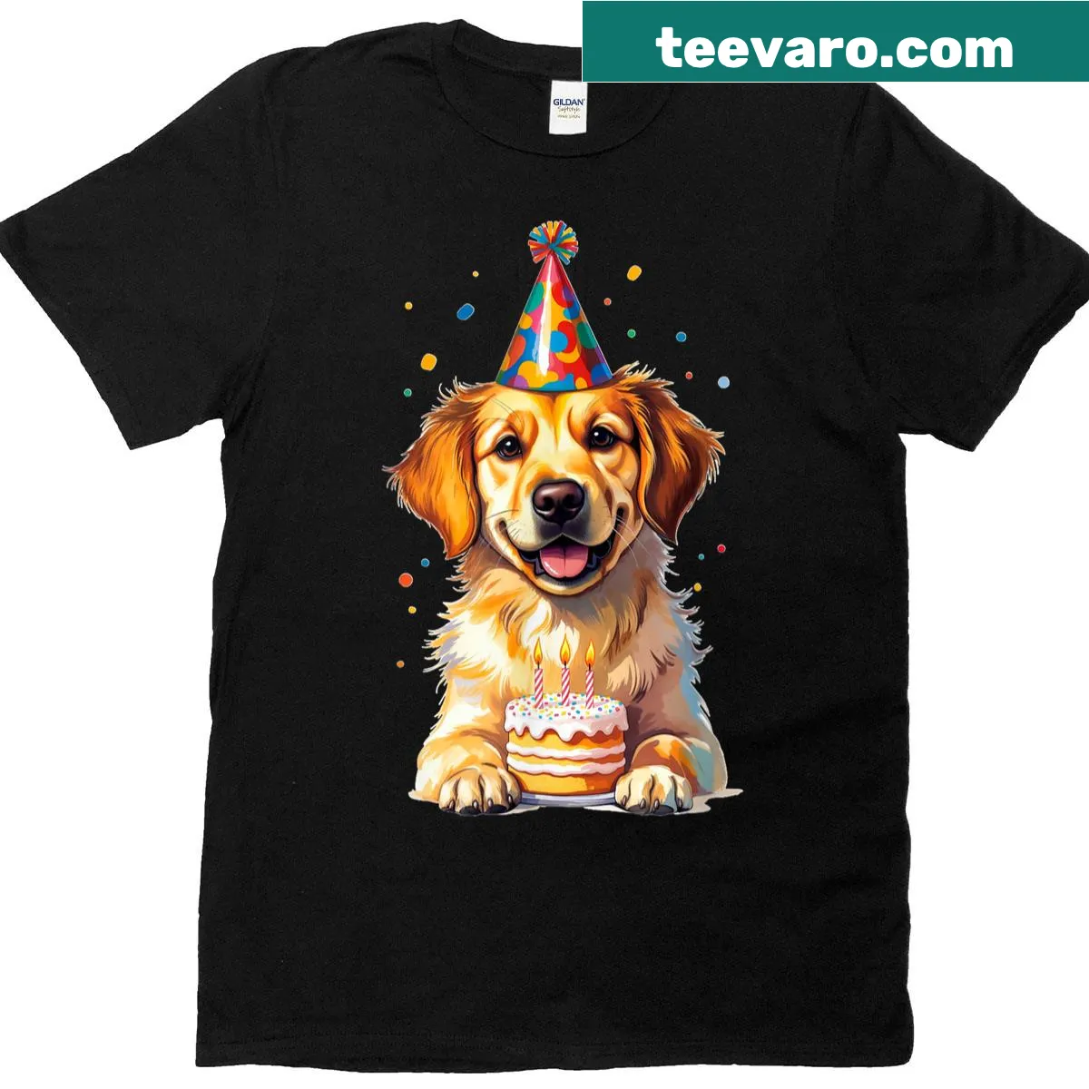 Charming t-shirt with a birthday golden retriever illustration — on a men's t-shirt