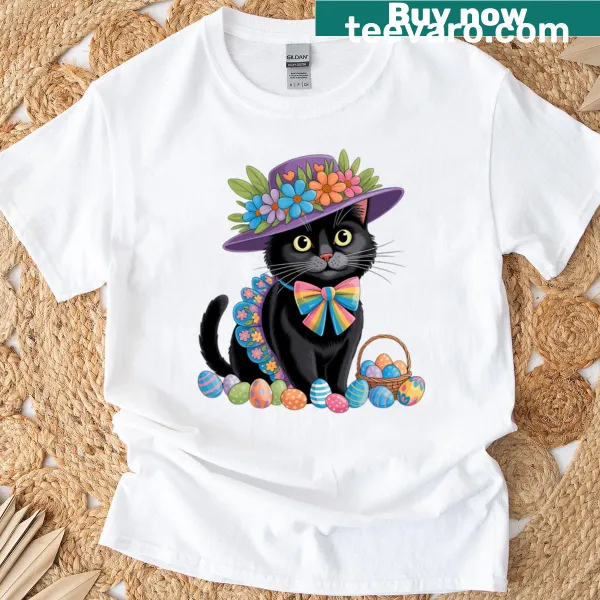 Cute black cat Easter t-shirt with playful design