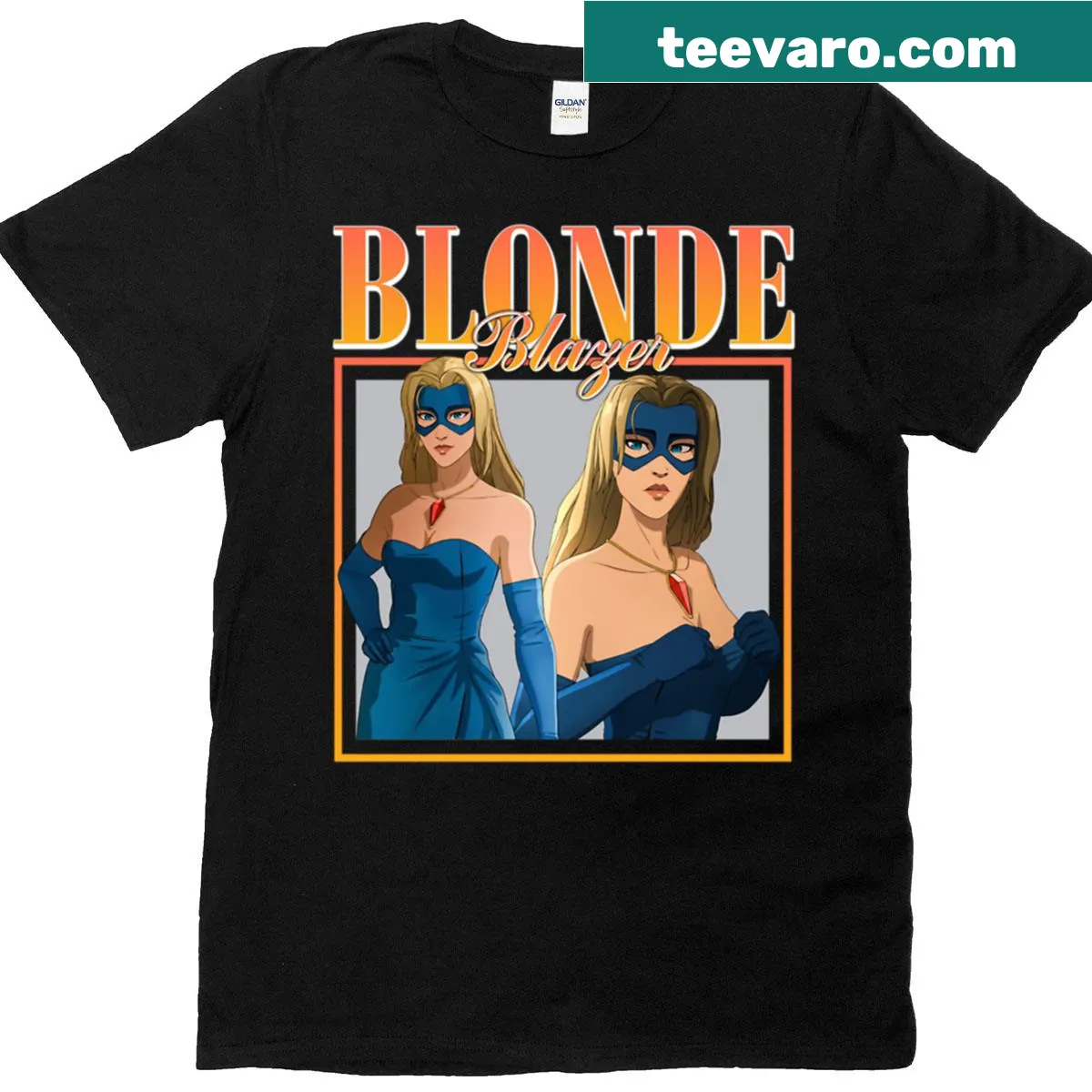 Cartoon blonde character in a blazer on a gaming T-shirt — on a men's t-shirt