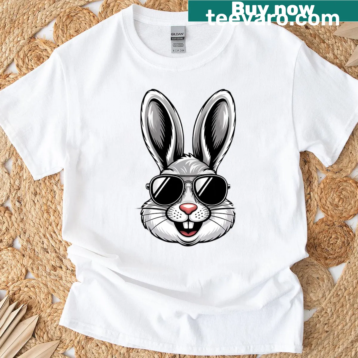 Cute bunny face t-shirt featuring a rabbit in sunglasses — on a men's t-shirt