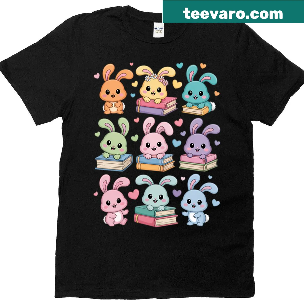 Cute Easter T-shirt featuring a bunny reading books — on a men's t-shirt