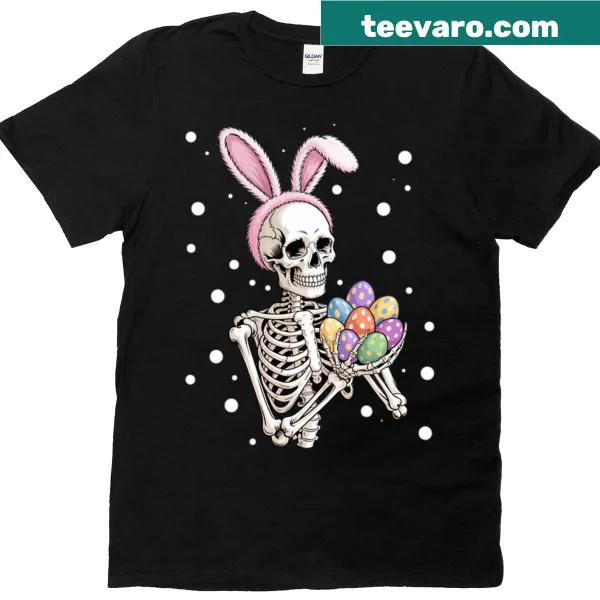 Bunny skeleton holding Easter eggs graphic t-shirt