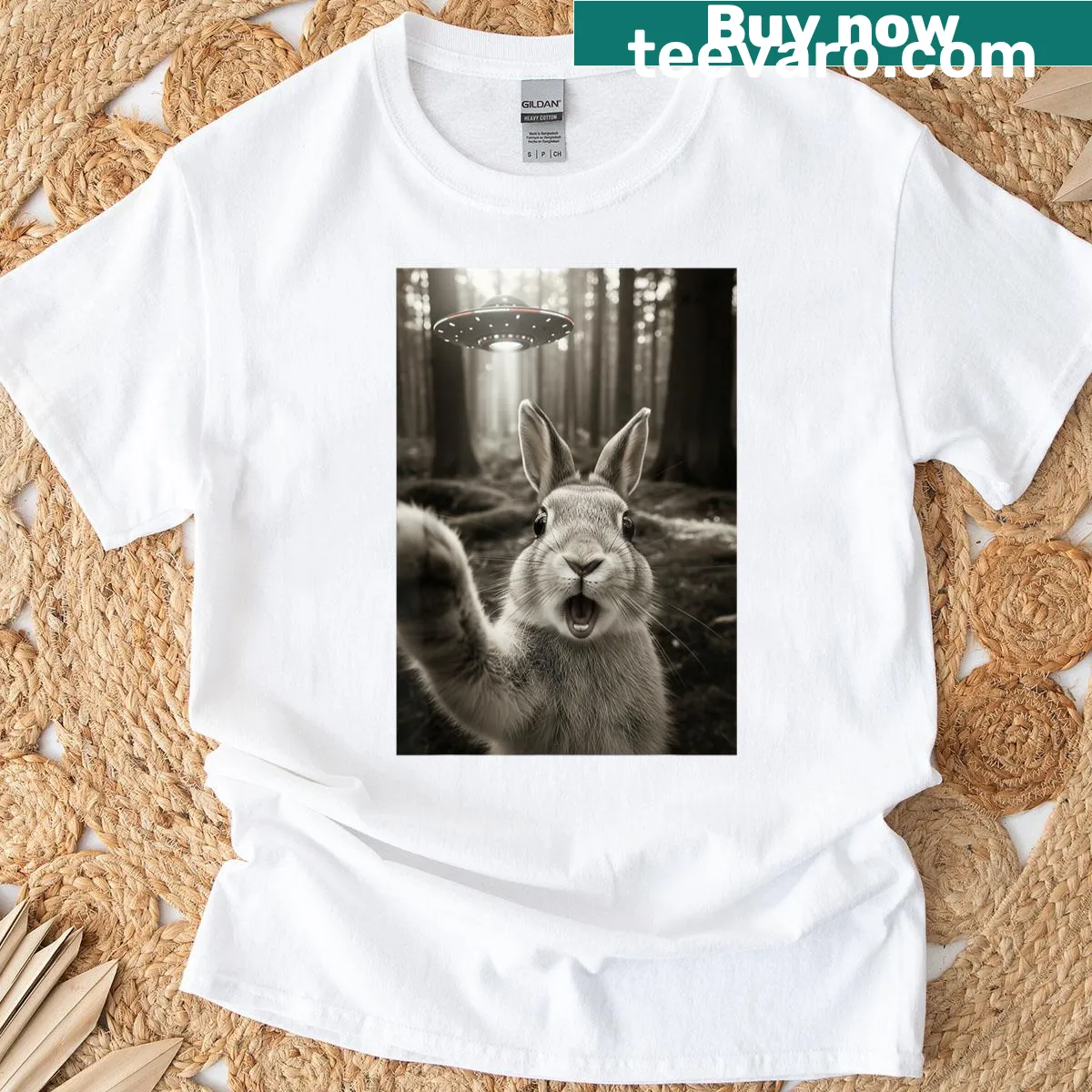 Whimsical bunny selfie graphic with UFO on a t-shirt. — on a men's t-shirt