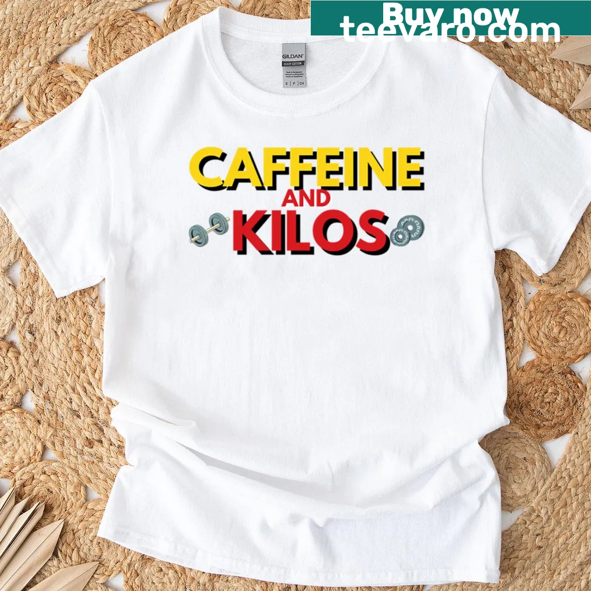 Funny T-shirt featuring caffeine and fitness-themed typography — on a men's t-shirt