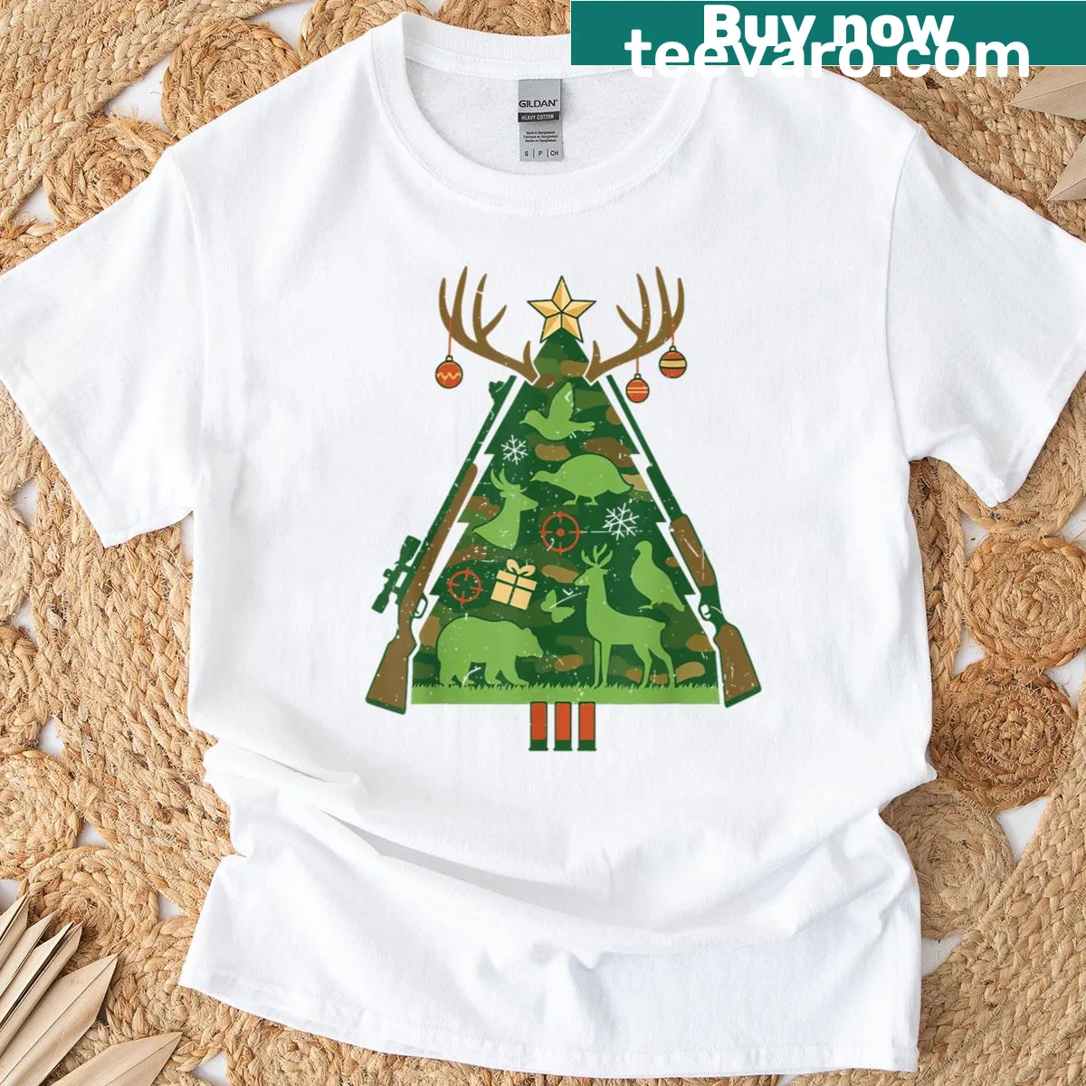 Toddler t-shirt with camo Christmas tree hunting graphic — on a men's t-shirt