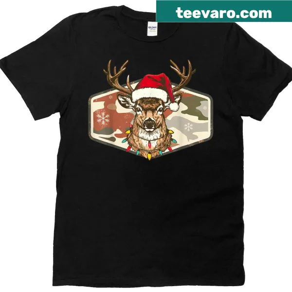 Camouflage T-shirt featuring a deer in a Santa hat for hunters