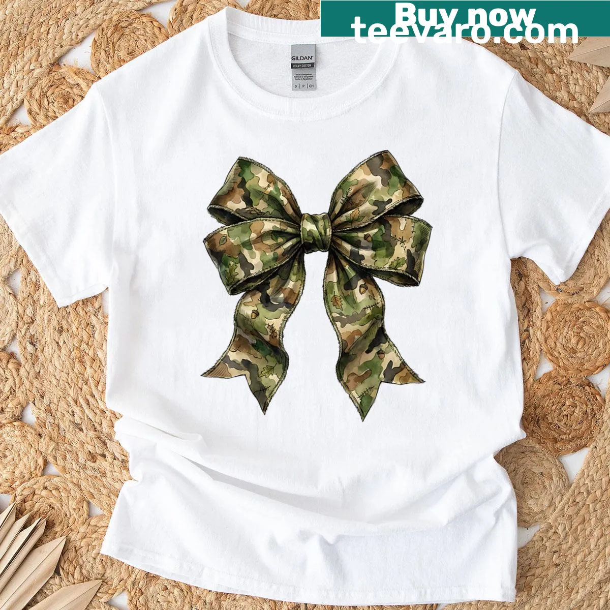 Women's t-shirt with camouflage bow hunting graphic — on a men's t-shirt