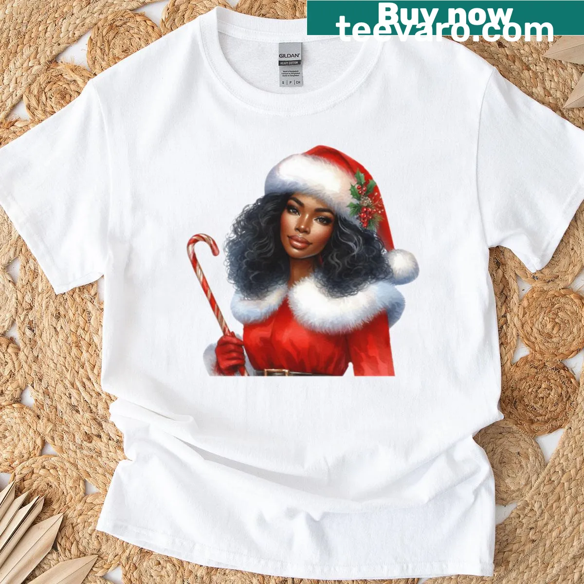 Illustration of Mrs. Claus with candy canes for Christmas — on a men's t-shirt