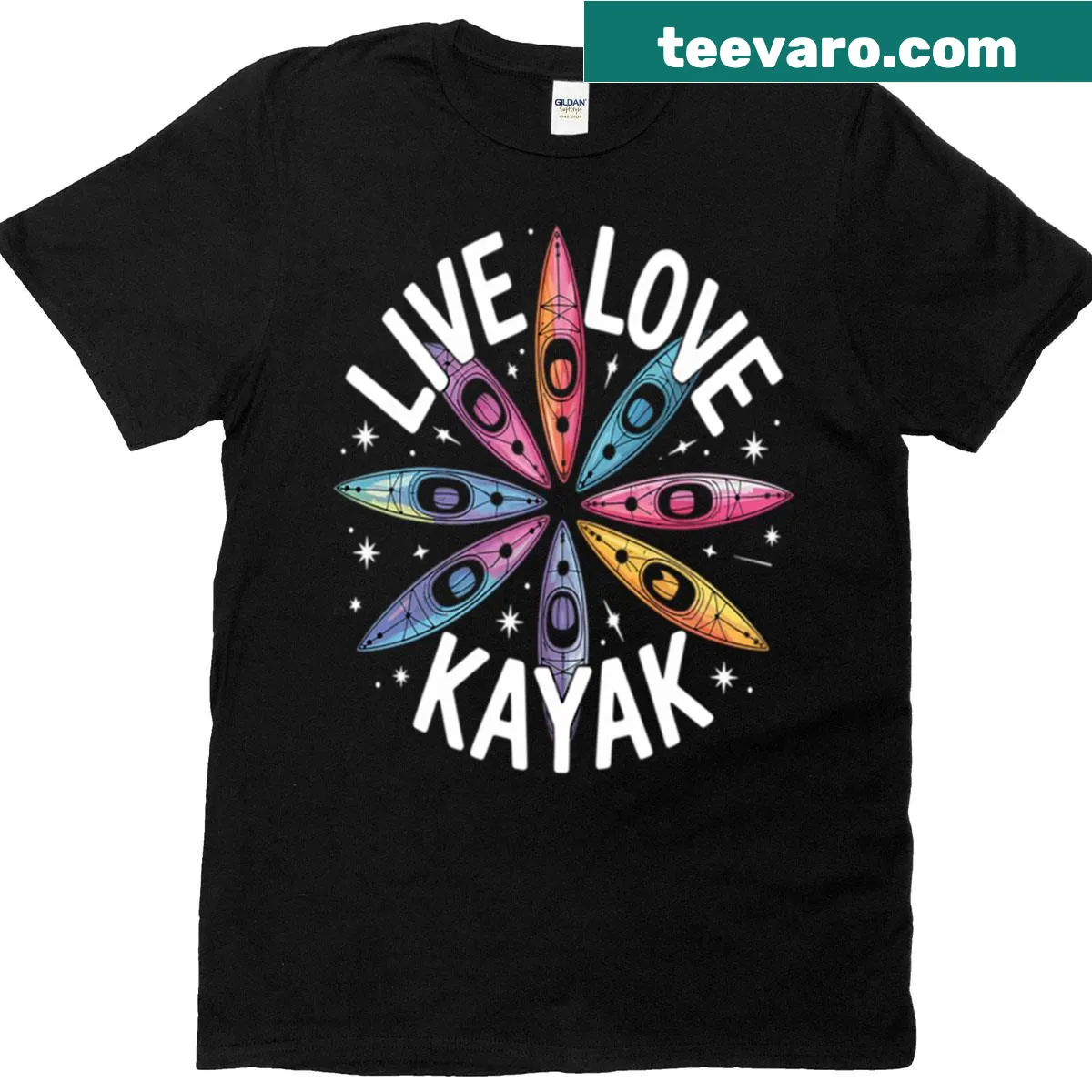 Illustration t-shirt celebrating kayaking with 'Live Love Kayak' text — on a men's t-shirt
