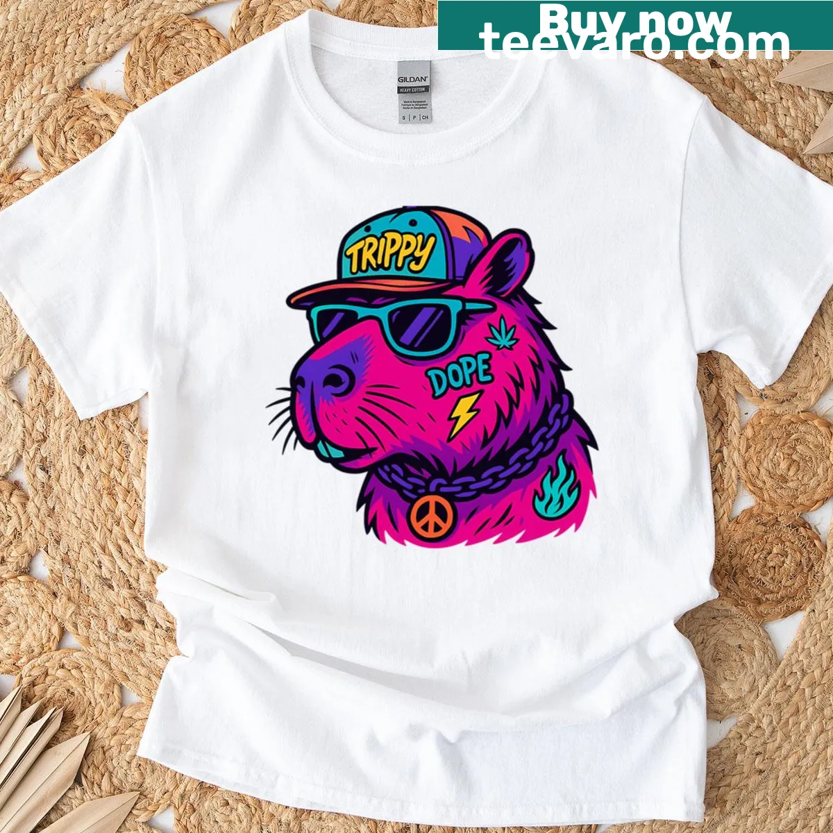 Hip hop style capybara with graffiti design — on a men's t-shirt