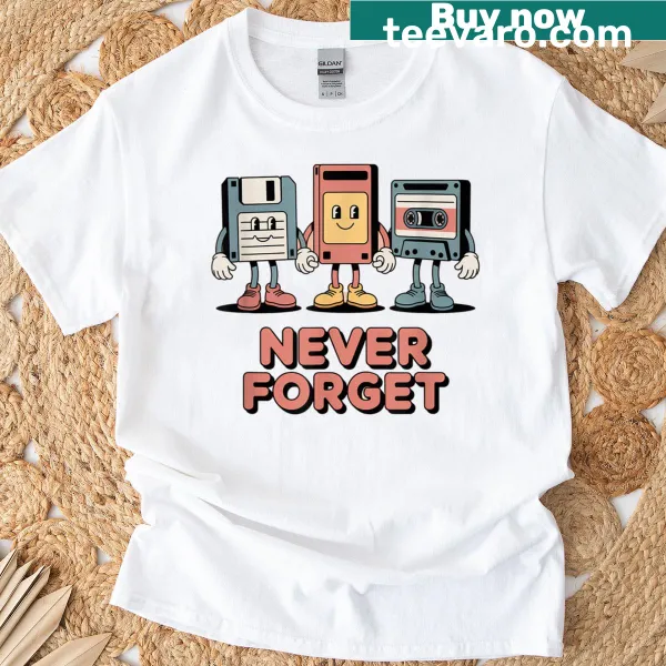Vintage graphic of cassette tape and floppy disk on T-shirt
