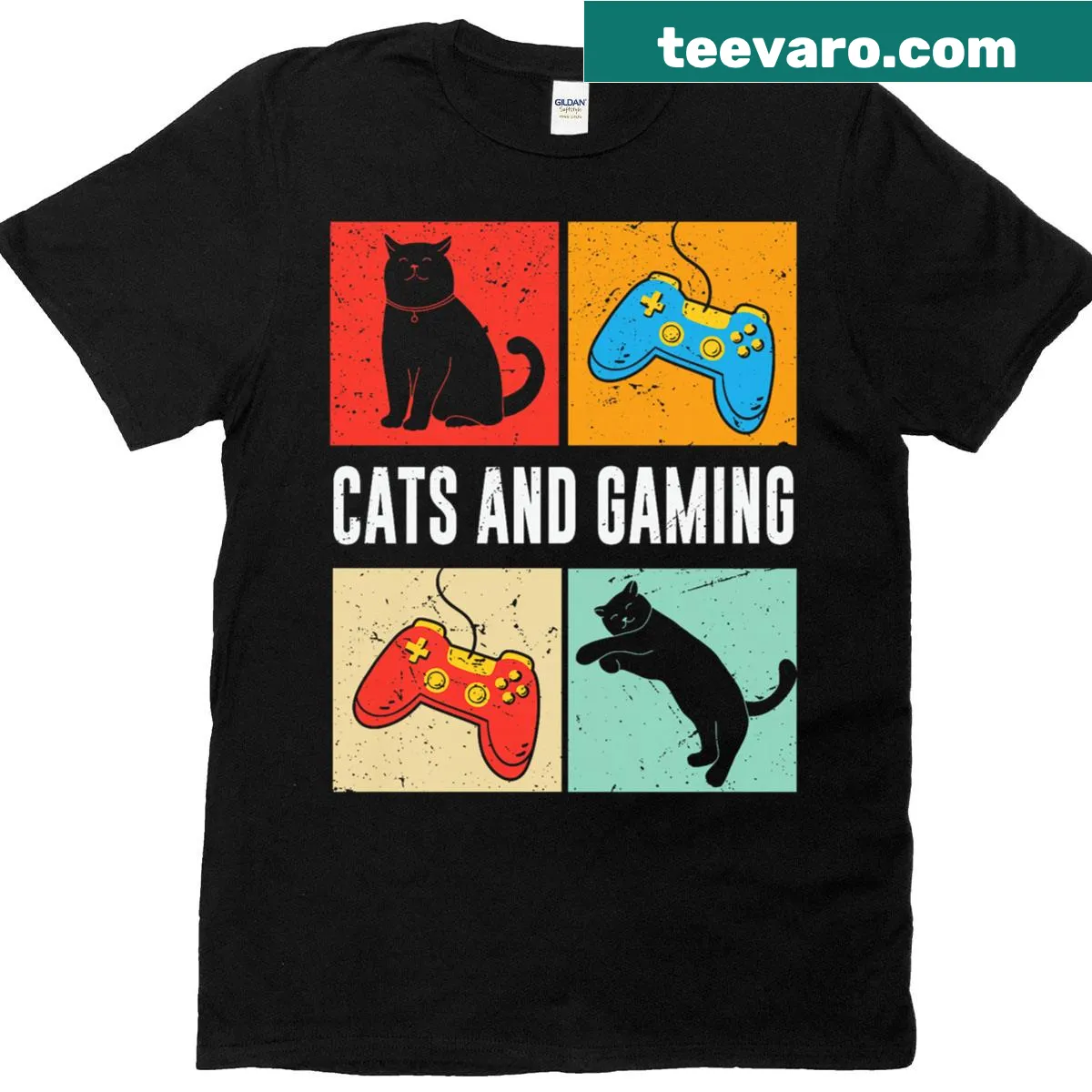 T-shirt featuring cats and gaming elements for cat-lover gamers — on a men's t-shirt