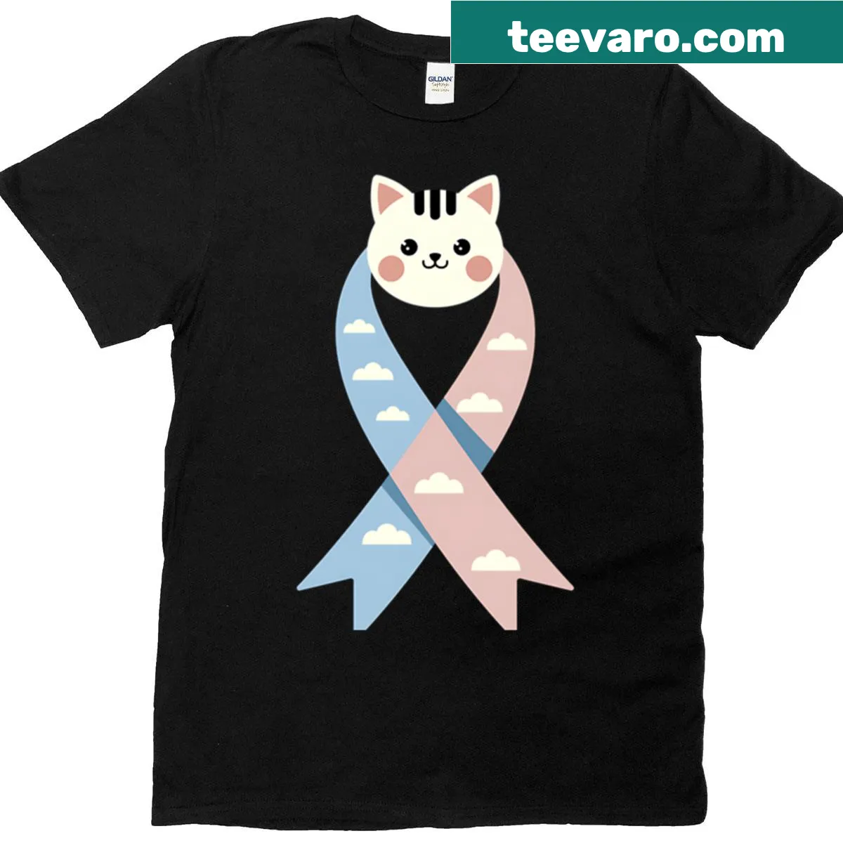 Kawaii cat holding tricolor ribbon for CDH awareness — on a men's t-shirt