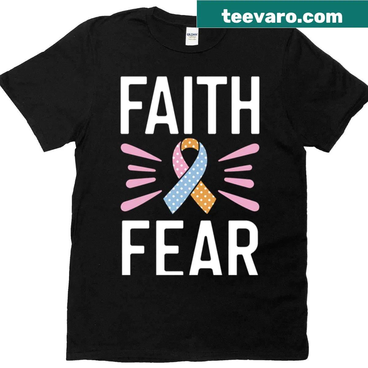 T-shirt with bold text 'Faith Over Fear' for cancer awareness — on a men's t-shirt