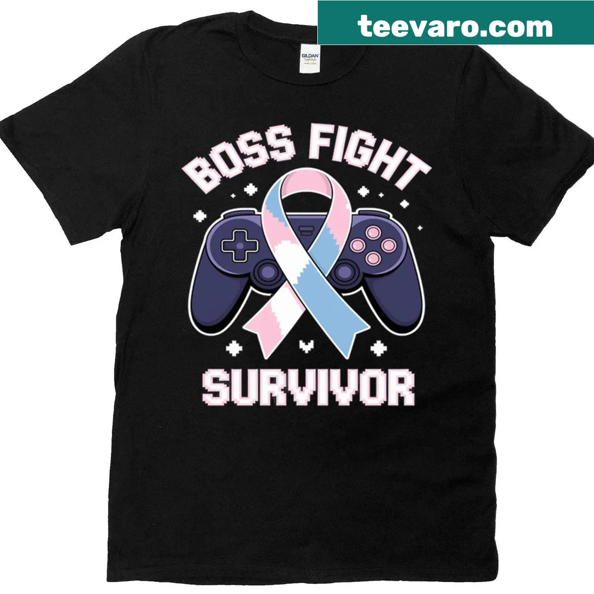 T-shirt celebrating cancer awareness with a gaming theme. — on a men's t-shirt