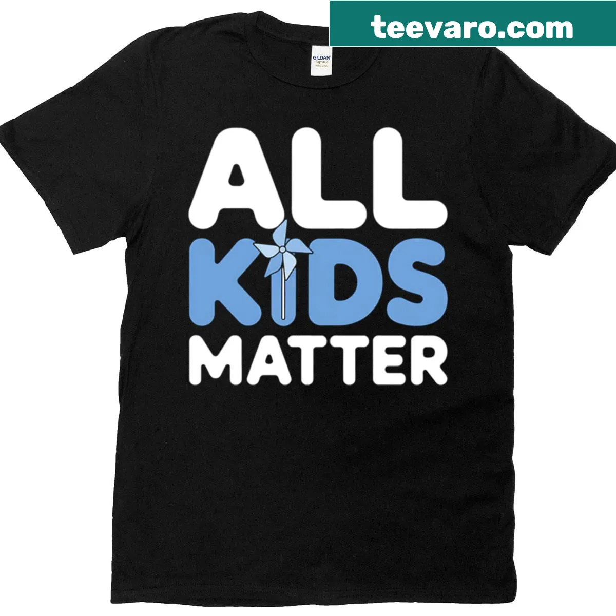 Blue pinwheel graphic on Child Abuse Awareness T-shirt — on a men's t-shirt