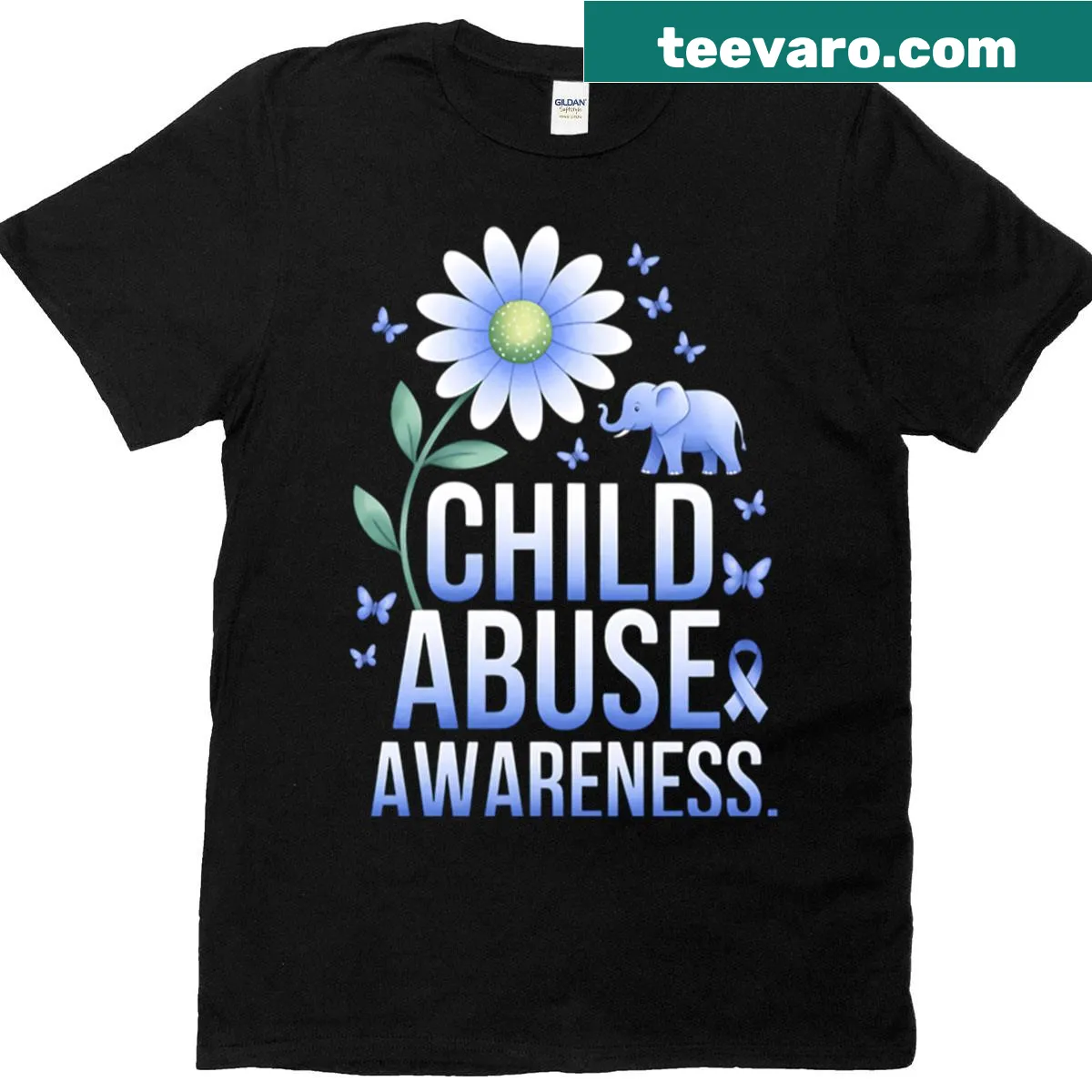 Awareness t-shirt featuring a sunflower and blue ribbon for child safety — on a men's t-shirt