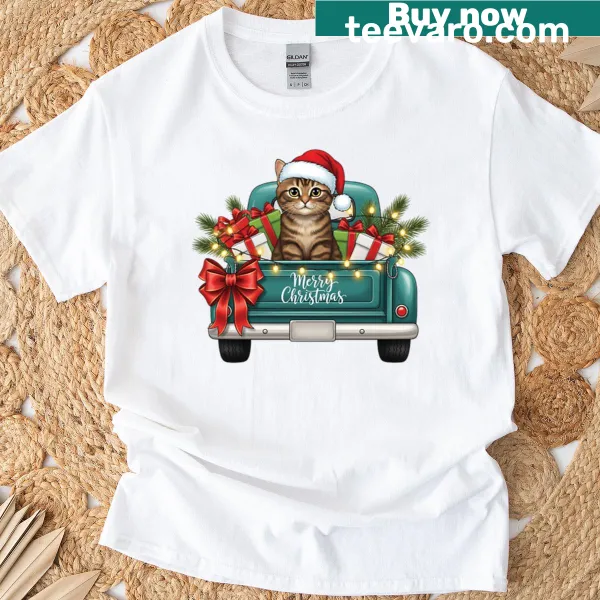 Vintage gift truck with cats graphic on Christmas T-shirt