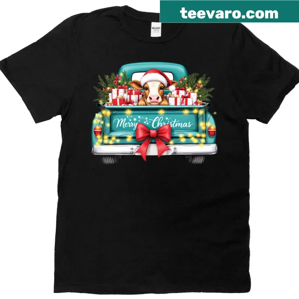 Illustration of cow in teal truck for Christmas.