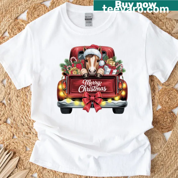 Holiday T-shirt featuring a horse in a red truck with festive decorations