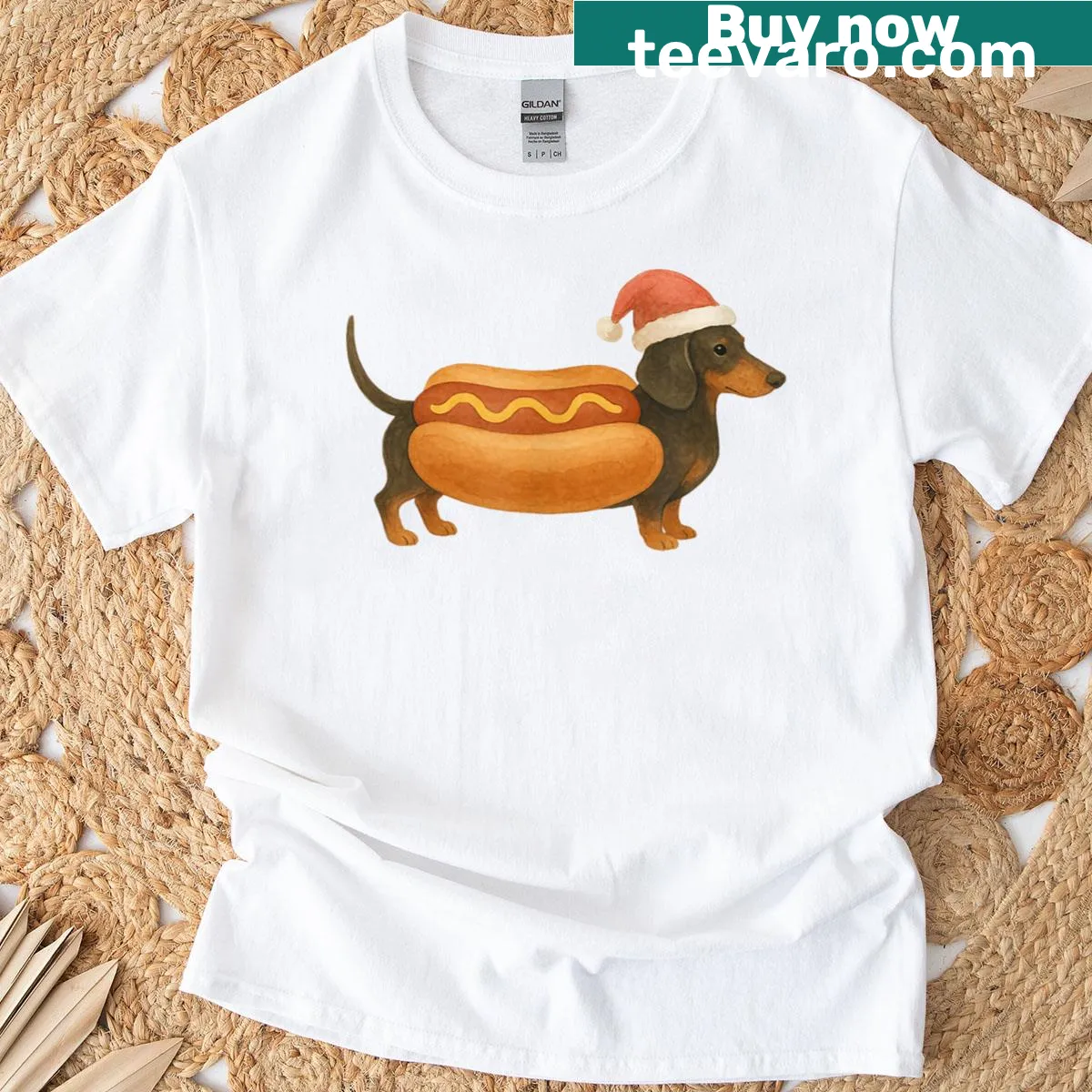 Funny holiday T-shirt featuring a dachshund in a hot dog costume — on a men's t-shirt