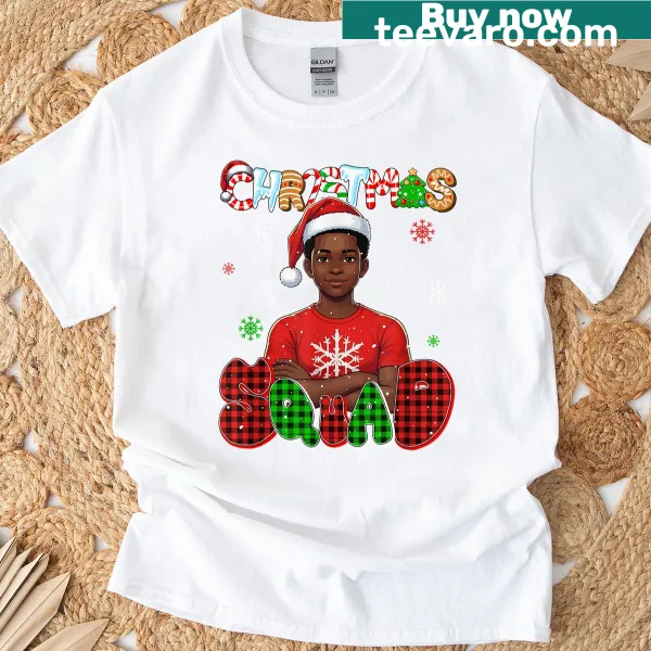 Colorful graphic of Afro boys with Santa on Christmas T-shirt