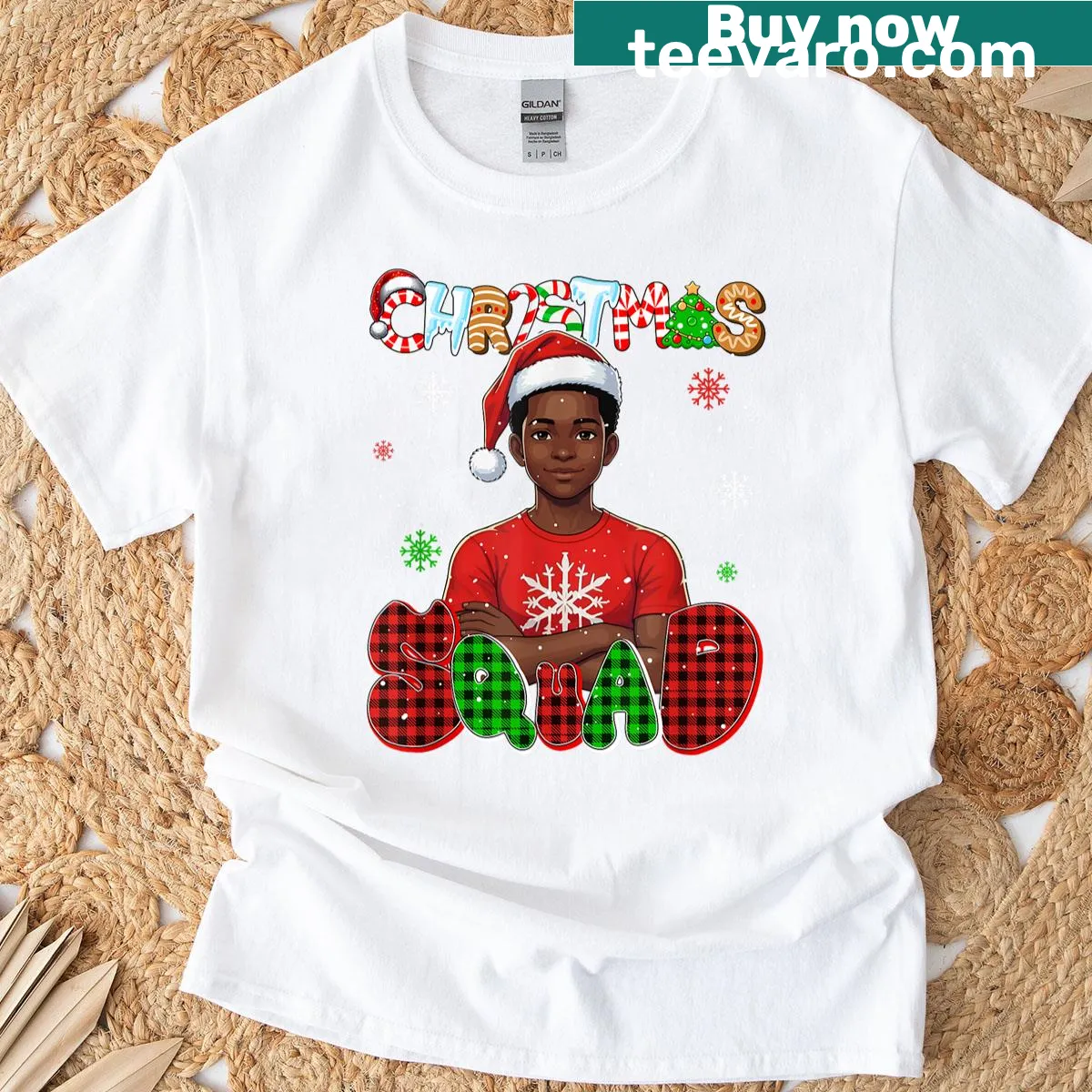 Colorful graphic of Afro boys with Santa on Christmas T-shirt — on a men's t-shirt