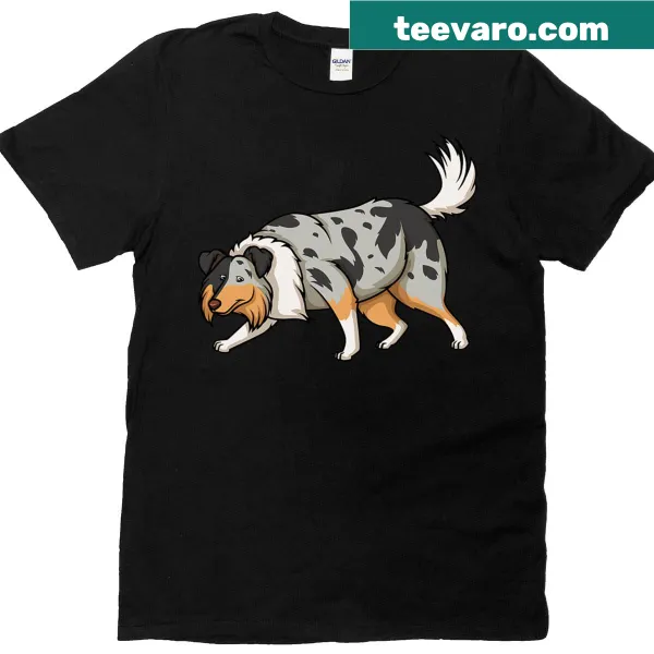 Cute illustration of a Blue Merle Collie sniffing on a T-shirt