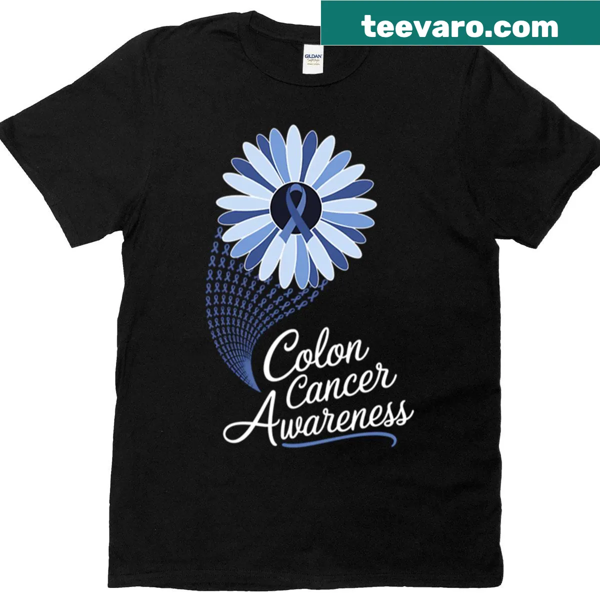T-shirt featuring a flower graphic for colon cancer awareness — on a men's t-shirt