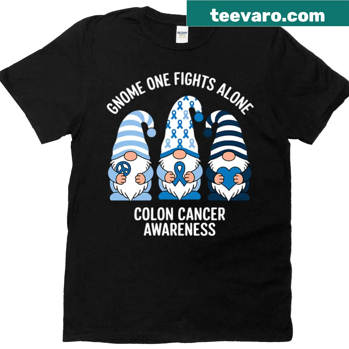 Whimsical gnomes with blue ribbons for colon cancer awareness on a t-shirt — on a men's t-shirt